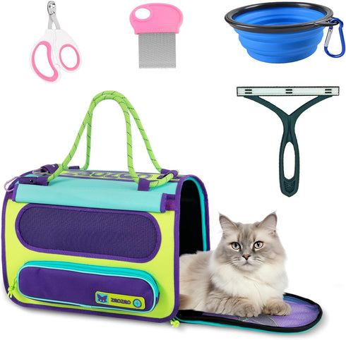 Pet Travel Carrier - TSA Airline Approved Under Seat Cat Carrier with Flea Comb, De-Shedder & Feeding Bowl, Purple