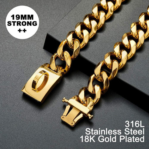 Gold Dog Chain Collar Walking Metal Chain with Secure Buckle, 18K Cuban Link for Large Dogs (19MM, 24")