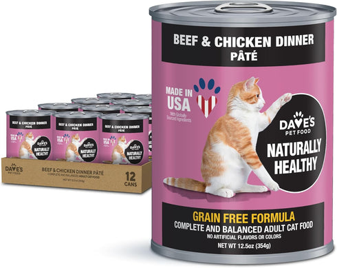 Dave's Pet Food Grain Free Wet Cat Food (Beef & Chicken Pate), 12.5 oz Cans (Case of 12), Made in USA with Added