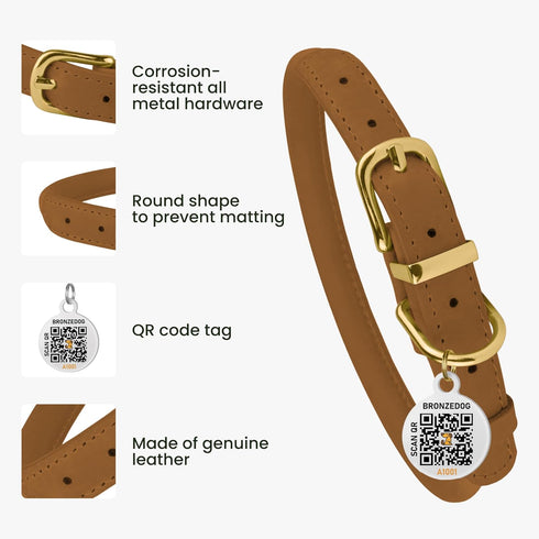BRONZEDOG Rolled Leather Dog Collar with QR ID Tag, Adjustable Soft Round Collars for Small Medium Large Dogs Puppy Cat
