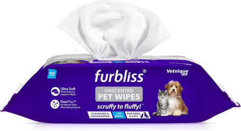 Vetnique Labs Furbliss Hygienic Pet Wipes for Dogs & Cats, 100ct Pouch, Hypoallergenic Thick Wipes with All Natural