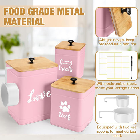 Jingmore Set 3 7+3+2 lbs Counter Metal Dog Treat Containers of with Bamboo Lids and Spoon Airtight Dog Food Snack Jars