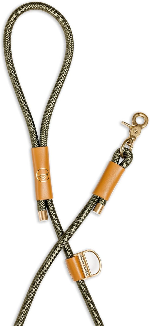 Remy+Roo Manhattan Olive 5 ft Heavy Duty Dog Leash, Custom Waste Bag Ring, Double Stitched Leather, Brass Finishes