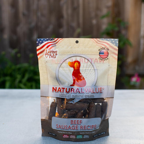 Loving Pets Natural Value Beef Sausages - Soft Jerky Dog Treats for Large & Small Breeds - Healthy Gluten, Wheat, Soy