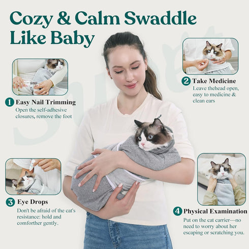 Trimming, Supet Cat Grooming Wrap for Cutting Nails, Self-Adhesive Anti-Scratch Swaddle with Bite-Proof Mesh Hood