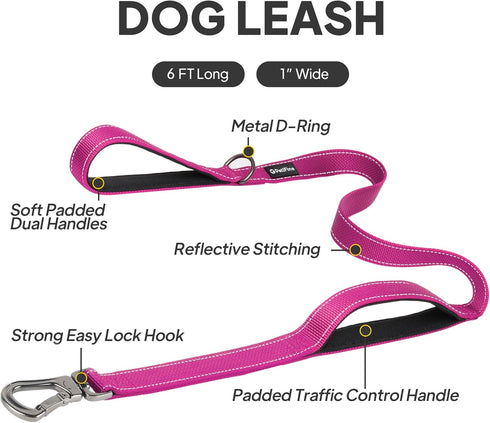 PetiFine 6FT Heavy Duty Dog Leash, Soft Padded Double Handle, Reflective Nylon Walking Lead for Large, Medium, Small