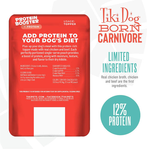 2.1 oz. (12 Count) (Pack 2) Tiki Dog Born Carnivore Protein Booster Dog Food Topper, Chicken and Beef Recipe in Broth