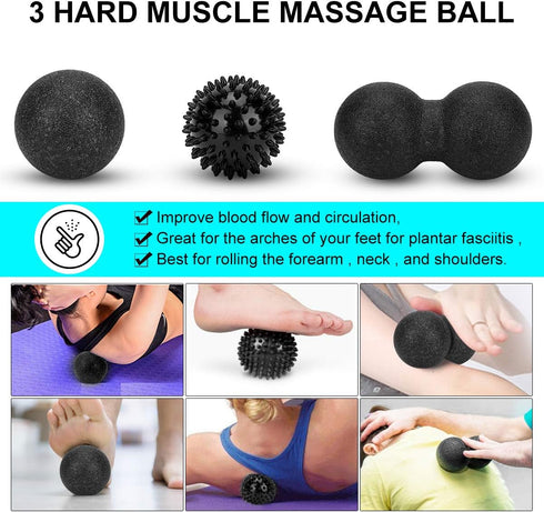 Foam Roller Set - High Density Back Roller, Muscle Roller Stick, Stretching Strap, Massage Ball