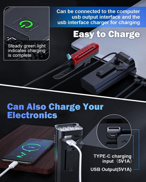 Victoper Bike Light Set, High Lumens Super Bright USB Rechargeable Headlight & Tail Light, 6+4 Modes, Waterproof