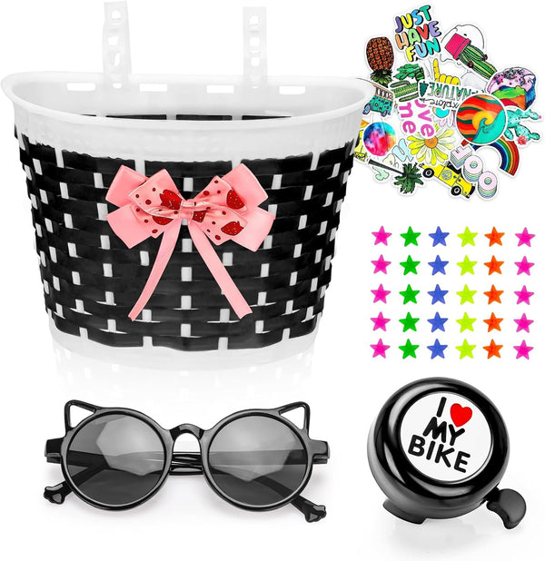 Kids Bike Basket for Girls and Boys, Bicycle Basket with Bell, Stickers, Sunglasses, and Wheel Spokes Accessories
