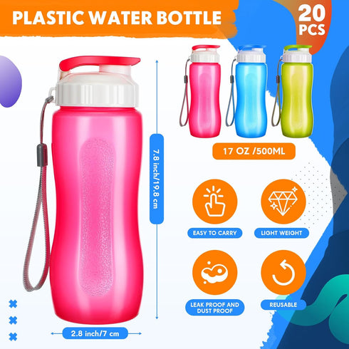Rtteri 20 Pcs Water Bottle Bulk, 17 oz Plastic Leakproof Drink Bottles with Handle Strap, Multicolor Sports Water