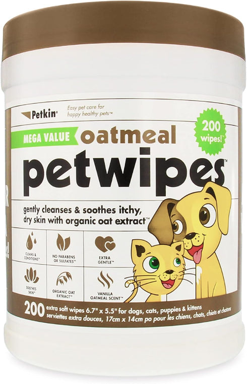 Petkin Mega PetWipes - 200 Oatmeal Wipes for Dogs and Cats, Use on Face, Paws, Ears, Body, Ideal for Home or Travel