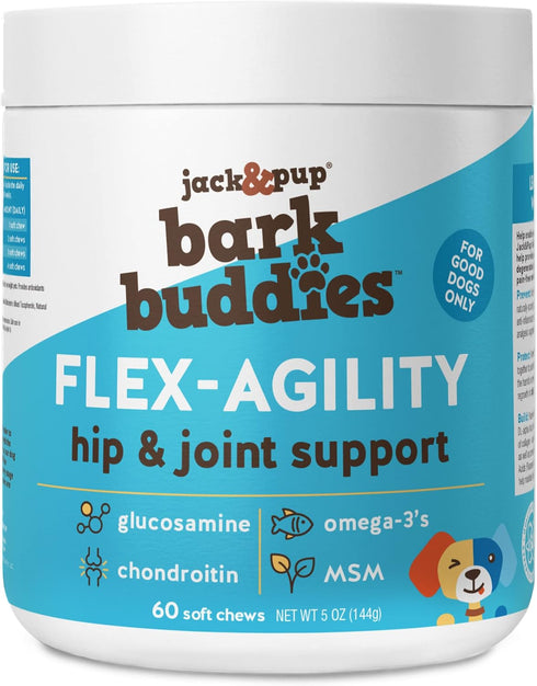Jack&Pup Dog Joint Supplement Flex-Agility Bark Buddies - Glucosamine Chondroitin Hip and Joint Chews (5oz, 60 Ct)