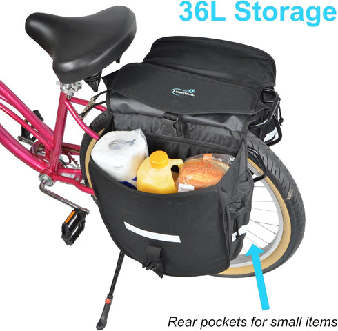 Lumintrail 36L Double Panniers - Bike Saddle Bags with Reflective Strips, Carrying Handle for Grocery Shopping