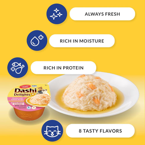 INABA Dashi Delights for Cats, Shredded Chicken with Bonito Flake Broth, 2.5 oz Cup, 6 Cups Total