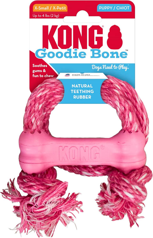 KONG Puppy Goodie Bone with Rope, Natural Rubber Chew Toy for Puppies, Teeth Cleaning Toy for XS Puppies, Pink