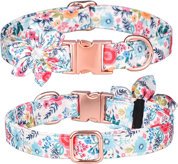 Dog Collar, Floral Pattern Girl Dog Collar with Detachable Rhinestone Flower for Small Medium Large Dogs (M, White)