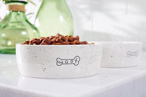 Pearhead Woof Pet Bowl, 24 oz Ceramic Dog Water and Food Dish, Microwave and Dishwasher Safe, Holds 3 Cups