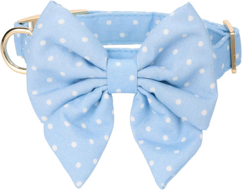 Adjustable Pet Bow Tie and Dog Collar for Small Medium Large Dogs, Cute Lady Bow and Dog Collars, Blue Polka Dots, Large