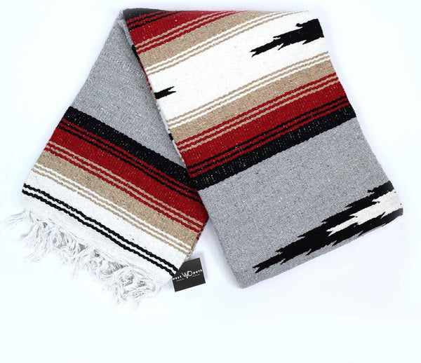 Heather Gray Mexican Yoga Blanket - Thick Grey Diamond with Camel, Tan, & Rust Stripes