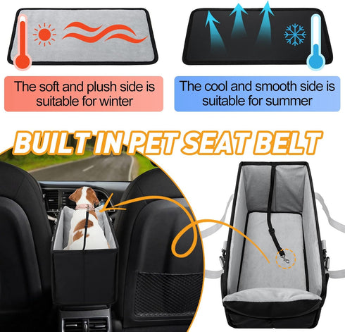 Portable Dog Car Seat for Small Dogs - Pet Booster Seat with Safety Leash, Adjustable Straps, Washable Cushion