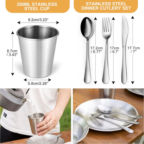 Odoland Camping Complete Messware Kit - Polished Stainless Steel Camp Dinnerware, Cutlery Organizer Set