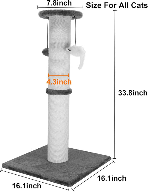 Cat Scratching Post 34 Inches, Heavy Duty Sisal Rope with Hanging Ball for Indoor Cats and Adults (Grey)