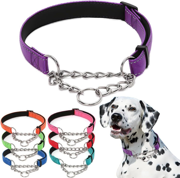 Dark Purple Martingale Collar for Dogs, Reflective Nylon Adjustable Stainless Steel Chain for Small Medium Large Dogs, L