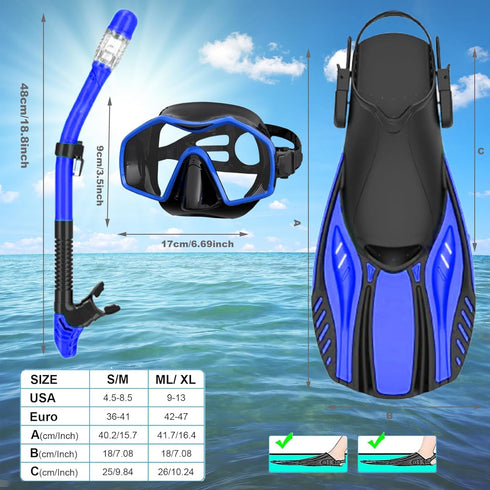 Set,Panoramic Swimming Snorkeling Gear for Adults,Mask Fins Snorkel View Diving Mask Anti-Fog,Dry Snorkel,Adjustable