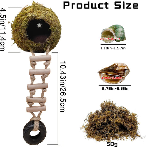 Hermit Crab Moss Coconut Shell Hideout with Climb Ladder,Leopard Gecko Hide Hut with Moss and Sea Shells,Hermit Crab