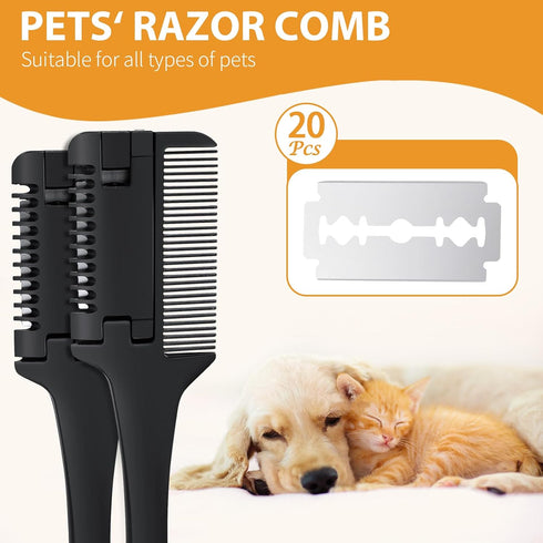 2 Pcs Razor Comb for Dogs Cats with 20 Pcs Extra Blades Pet Razor Comb 2 in 1 Trimming&Grooming, Dog Cat Brush that Cuts Hair, Hair Cutter Comb for Dog Cat, Pet Hair Trimmer Grooming Comb for Dog Cat