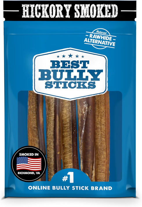 Best Bully Sticks 6 Inch Hickory Smoked 100% Natural Bully Sticks for Dogs, 5 Pack - Odor-Free, Grain-Free Beef Chews