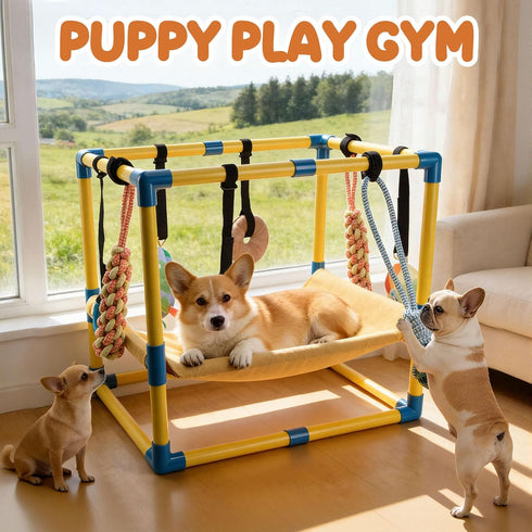 8 Hammock Puppy Play Gym with Hanging Toys, Indoor Puppy Jungle Gym with Interactive Dog Enrichment Toys.PVC Frame
