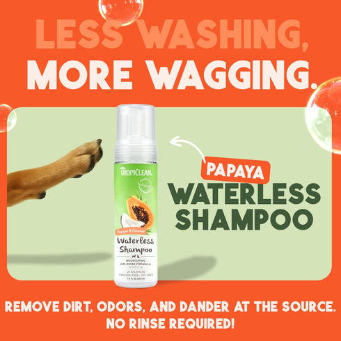 TropiClean No Rinse Waterless Dog Shampoo, Detangling & Deodorizing Dry Shampoo for Smelly Pets, 7.4oz, Papaya Scent