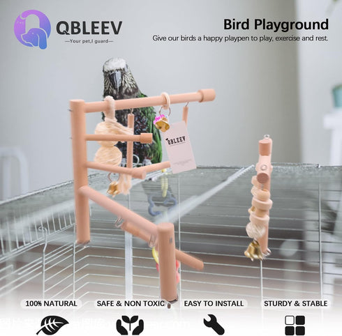Set-Birdcage QBLEEV Bird Cage Play Stand Toy Wood Stands Hanging Chew Toys Ladder Swing Parrot Perch Play Gym