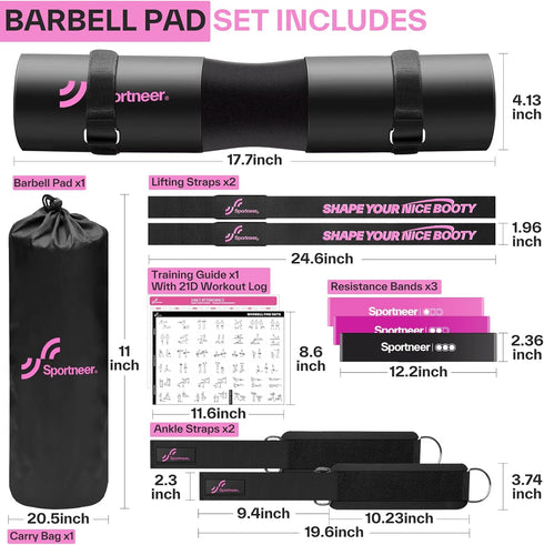 Sportneer Barbell Pad Set, 10Pcs Squat Pad for Hip Thrusts and Lunges with Ankle Straps and Resistance Bands