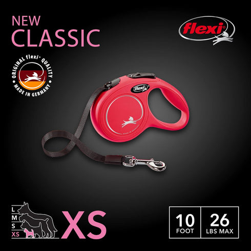 FLEXI New Classic Retractable Dog Leash (Tape), Ergonomic, Durable and Tangle free Pet Walking Leash for Dogs, 10 ft, Extra Small, Red