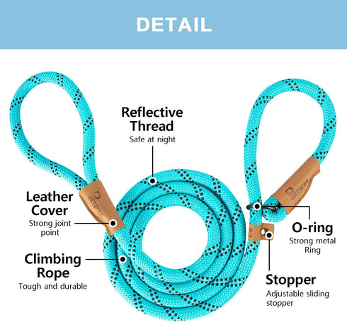 5 FT Heavy Duty Slip Lead Dog Leash for Small Medium Large Dogs, No Pull Training with Reflective Thread, Teal Stripe,