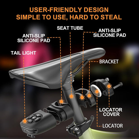 3-in-1 105dB IP65 NUNET Brake Light Bike Locator GPS AirTag Anti-Theft Smart Tail Light with Tracker, Alarm, Hidden