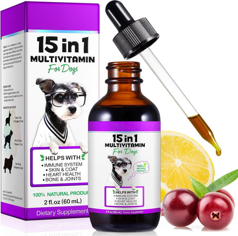 VOSIFSDIY Dog Multivitamin,15 in 1 Dog Multivitamin Liquid Drops Supplements, Dog Vitamins for