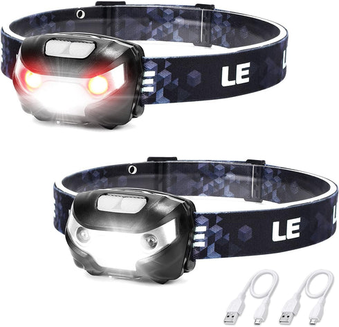 Lighting Ever LED Headlamp Rechargeable 2 Packs - Super Bright Head Lamp with 5 Modes for Camping