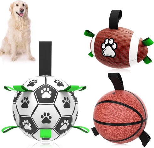QDAN Dog Soccer Ball Set, 3 PCS with Strap for Tug of War, Toys for Small Medium Large Dogs