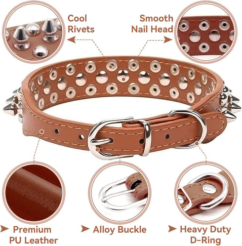 Adjustable Spiked Soft Leather Dog Cat Collar for Female Male, Brown, Anti Bite Studded for Small Dogs (Brown, XS)