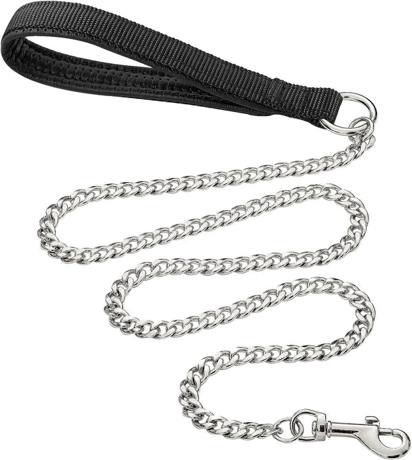 Heavy Duty Metal Dog Leash, 5 FT Chew Proof Chain with Soft Padded Handle for Large & Medium Dogs
