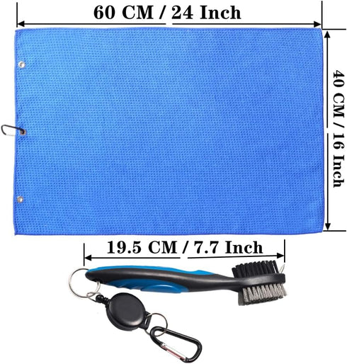Golf Towel and Brush Set | Microfiber Waffle Design Golf Towel 16" X 24" with Retractable Zip-line Brush (Blue)