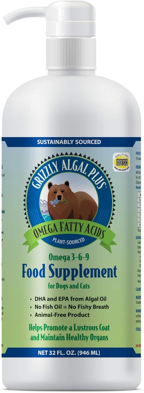 Grizzly Algal Plus Omega Fatty Acids Supplement for Dogs & Cats, 32 Fl Oz - Vegan Plant-Sourced Algal Oil