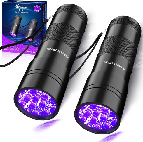 Black Light UV Light Flashlight, Vansky 395nm 12 LED 2 Pack, Mini Powerful Pet Urine Detector for Carpet Stains