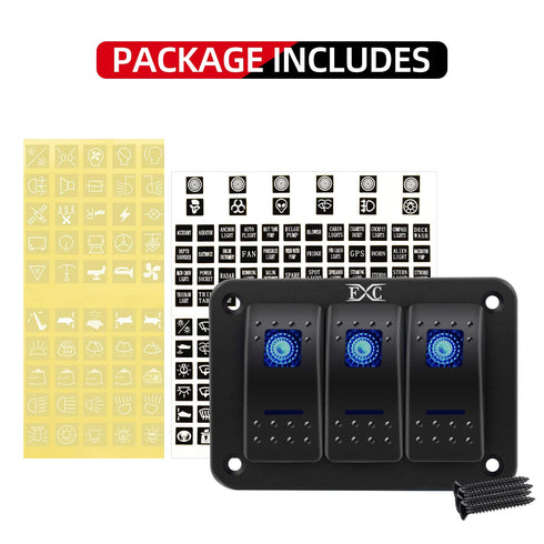 FXC Rocker Switch Aluminum Panel, 3 Gang Toggle Switches Dash, 5 Pin ON/Off, 2 LED Backlit for Boat Car Marine Blue