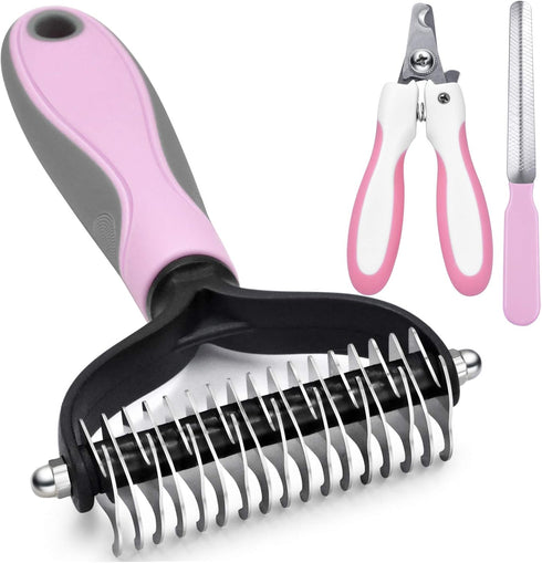 GOESWELL Dog Brush for Shedding - Double Sided Undercoat Rake for Dogs & Cats - Grooming Tool Kit with Nail Clippers