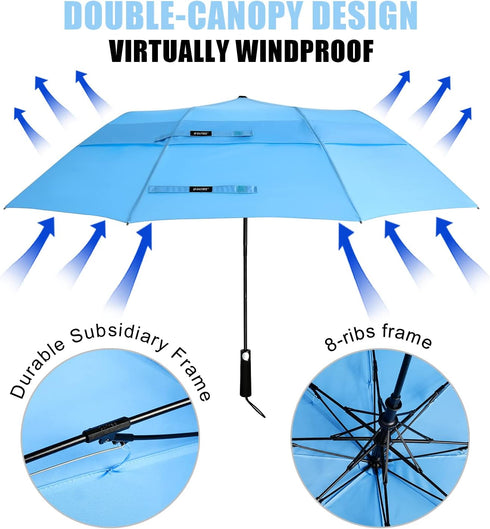 G4Free 62inch Portable Golf Umbrella, Automatic Open Large Oversize Vented Double Canopy Windproof Waterproof (Sky Blue)